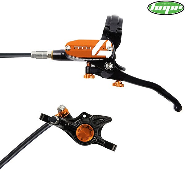 Hope Tech 4 X2 Post Mount Front Right Disc Brake Black Orange Caliper Lever Standard Hose